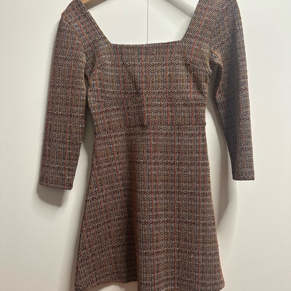 Free People Brown Tweed Long-Sleeve Square Neck Mini Dress - Picture 2 of 8